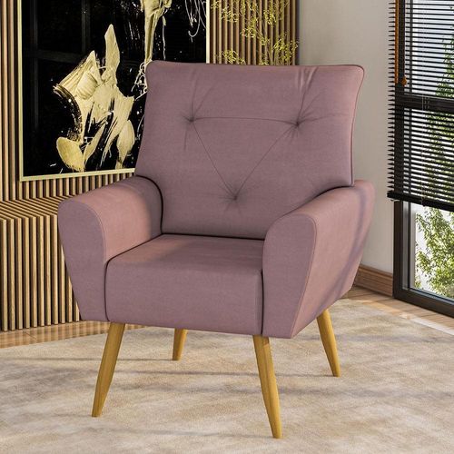 Poltrona Matrix Dalia com Pés de Madeira e Revestida em Veludo Turquey Rosé