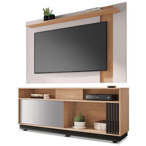 Rack Colibri Caiobá com Painel Extensivo Colibri Leme Ideal para TV de Até 65” - Freijó/Preto Fosco/Off White
