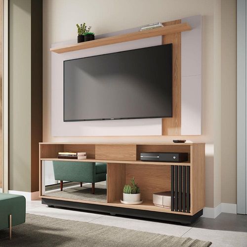 Rack Colibri Caiobá com Painel Extensivo Colibri Leme Ideal para TV de Até 65” - Freijó/Preto Fosco/Off White