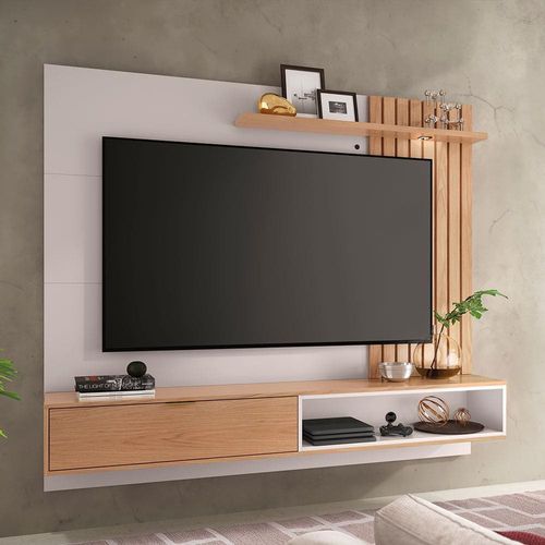 Painel Home Suspenso Colibri Tocantins com 160 cm de Largura, Ideal para TV de até 60” Off White/Freijó