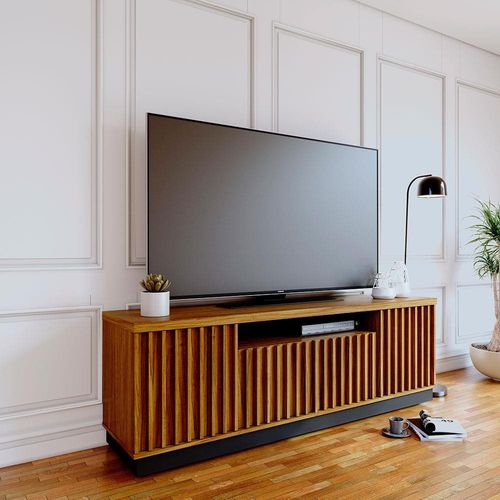 Rack Colibri Amazonas com 180cm de Largura, 4 Portas, Ideal para TV de Até 70” Noce Milano/Preto Fosco/Calactatta