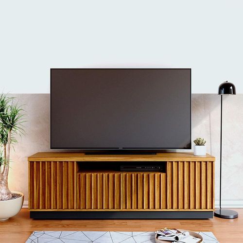 Rack Colibri Amazonas com 180cm de Largura, 4 Portas, Ideal para TV de Até 70” Noce Milano/Preto Fosco/Calactatta