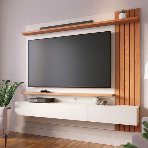 Painel Home Suspenso Colibri Juriti com 180 cm de Largura, Ideal para TV de Até 65” Off White Matte / Freijó