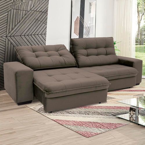 Sofá 3 Lugares Linoforte Benetton com 200 cm de Largura, Retrátil e Reclinável, Revestido em Tecido Suede Castor