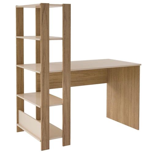 Escrivaninha Artely Match com 3 Prateleiras, Espaço para Impressora e Nicho - 120cm de largura Off White/Carvalho Brilho Fosco