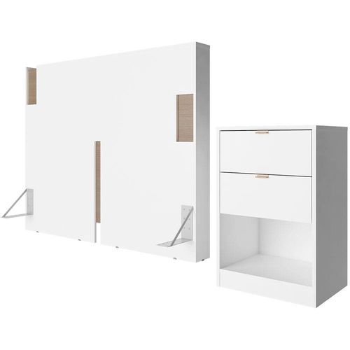 Cabeceira para Cama Box Casal e Queen Bartira Diplomata com Revestimento em Finish Foil + Mesa Bartira Diplomata com 2 Gavetas - Branco/Avelã