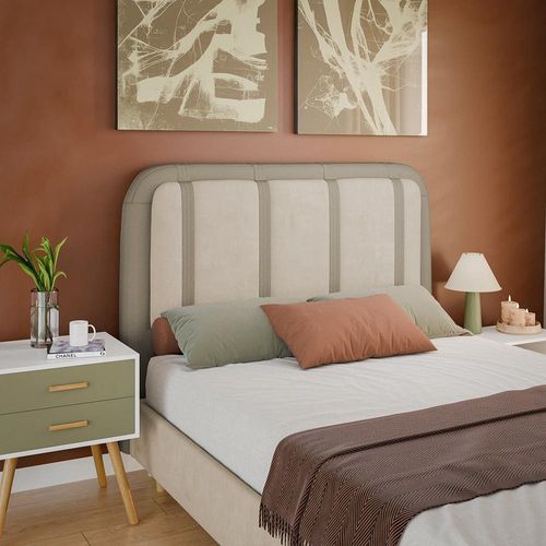 Cabeceira para Cama Box Casal Dobuê Leon com Revestimento em Veludo e Corino Kaki/Bege