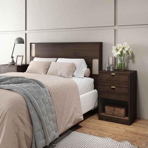 Cabeceira para Cama Box Casal e Queen Bartira Diplomata com Revestimento em Finish Foil + Mesa Bartira Diplomata com 2 Gavetas - Café/Capuccino