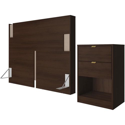 Cabeceira para Cama Box Casal e Queen Bartira Diplomata com Revestimento em Finish Foil + Mesa Bartira Diplomata com 2 Gavetas - Café/Capuccino