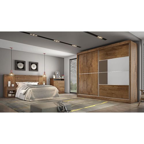 Guarda-Roupa Casal Móveis Europa Londres Flex com 205cm de Largura, Espelho, 2 Portas de Correr e 4 Gavetas Brauna/Off White