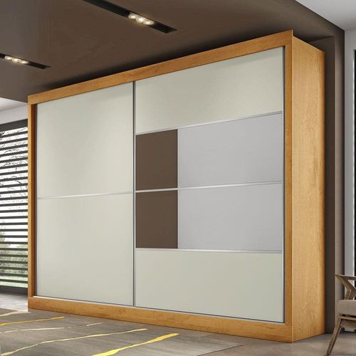 Guarda-Roupa Casal Móveis Europa Londres Flex com 205cm de Largura, Espelho, 2 Portas de Correr e 4 Gavetas Peroba/Off White