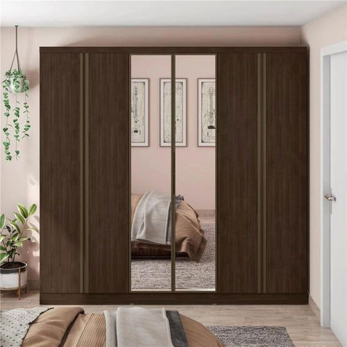 Guarda-Roupa Casal Bartira Monte Rei com Espelho, 6 Portas, 6 Gavetas e 238 cm de Largura Café/Avelã