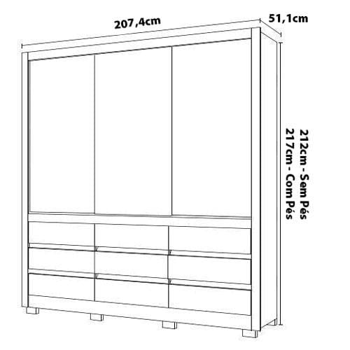 Guarda-Roupa Casal Bartira Arezzo com 207,4 cm de Largura, 3 Portas e 9 Gavetas Externas Avelã/Cappuccino