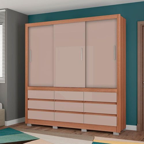Guarda-Roupa Casal Bartira Arezzo com 207,4 cm de Largura, 3 Portas e 9 Gavetas Externas Avelã/Cappuccino