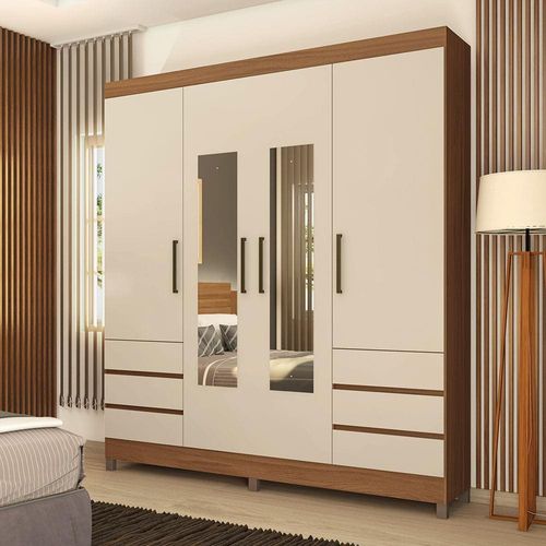Guarda-Roupa Casal Demóbile Mônaco com 195 cm de Largura, 4 Portas, 6 Gavetas e Espelho Amêndola/Off White
