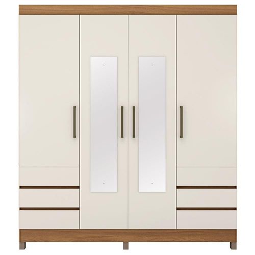 Guarda-Roupa Casal Demóbile Mônaco com 195 cm de Largura, 4 Portas, 6 Gavetas e Espelho Amêndola/Off White