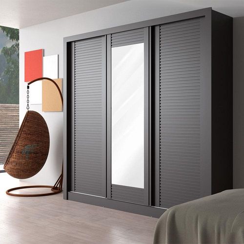 Guarda-Roupa Casal Bartira Village com 3 Portas, 4 Gavetas, Espelho e 243,1 cm de Largura Grafite