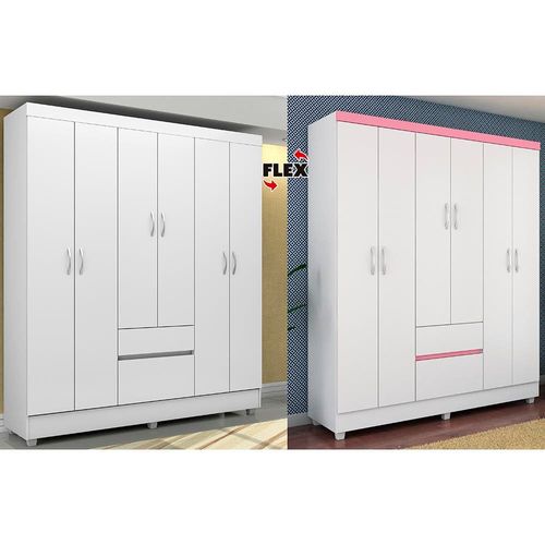Guarda-Roupa Bartira Brusque II com 149 cm de Largura, 6 Portas e 2 Gavetas Branco/Pink/Branco
