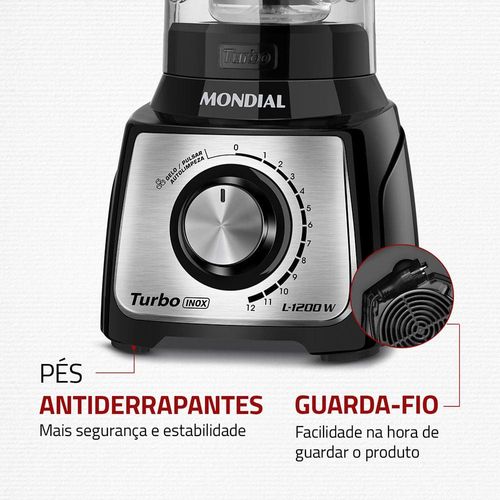 Liquidificador Mondial Turbo Inox L1200 BI Preto/Inox 1200W com 12 Velocidades 110V