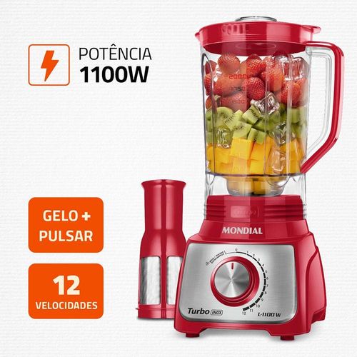 Liquidificador Mondial Turbo L-1100 com 12 Velocidades 1100W - Vermelho/Inox 220v