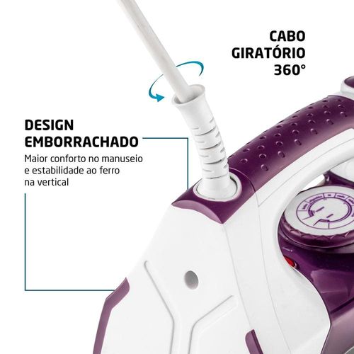 Ferro de Passar a Vapor Mondial Ceramic Express F-40 com Spray e Base Cerâmica - Branco/Roxo 220V
