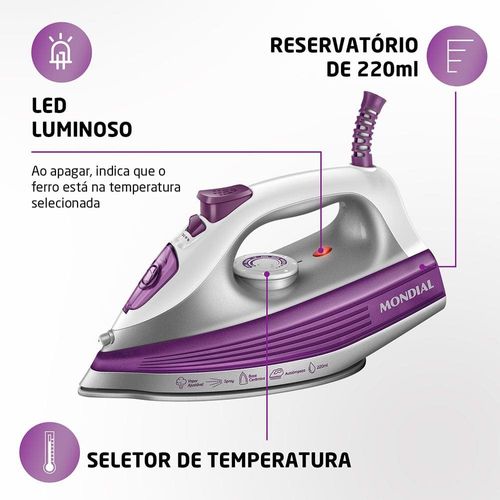Ferro de Passar a Vapor Mondial FVN-01-P com Spray e Base Cerâmica Diamante – Branco/Roxo 220V