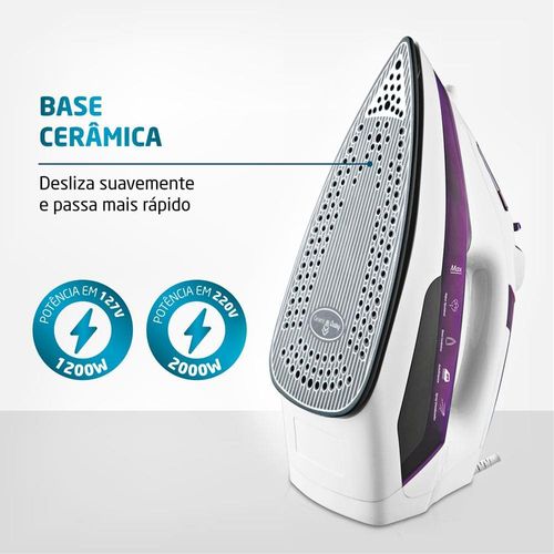 Ferro de Passar a Vapor Mondial Ceramic Express F-40 com Spray e Base Cerâmica - Branco/Roxo 110V