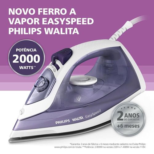 Ferro de Passar a Vapor Philips Walita EasySpeed GC1752 com Spray e Base de Cerâmica – Roxo/Branco 220V