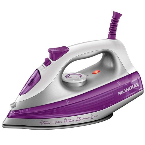 Ferro de Passar a Vapor Mondial FVN-01-P com Spray e Base Cerâmica Diamante – Branco/Roxo 220V
