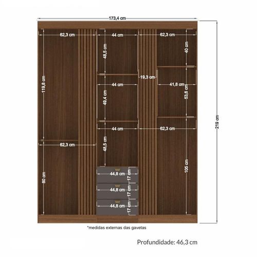Guarda-roupa Santos Andirá Aurora 3 Portas 3 Gavetas 6 Prateleiras com Cabideiro Solteiro Jatobá/Grafite