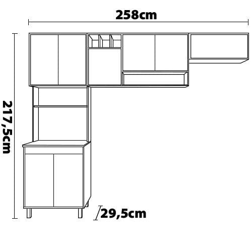Cozinha Compacta Poliman Barcelona com 8 Portas e 3 Prateleiras - 258cm de largura Carvalho Oak/Off White
