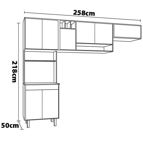 Cozinha Compacta Poliman Barcelona com 8 Portas e 3 Prateleiras - 258cm de largura Carvalho/Grafite