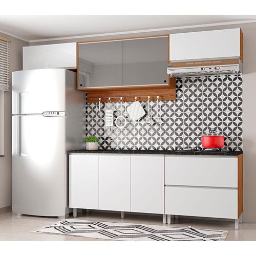 Cozinha Completa Bartira Amazonita com 7 Portas, 1 Gaveta e 4 Prateleiras - 280cm de largura Damasco/Branco