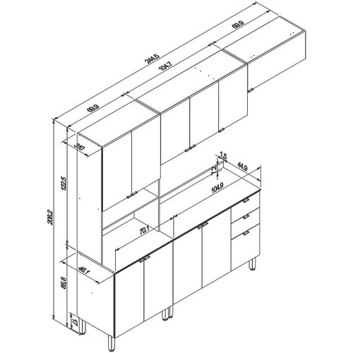 Cozinha Completa Bartira Joy com 11 Portas, 2 Gavetas, 5 Prateleiras e Nicho para Micro-ondas - 244,5cm de largura Damasco/Branco