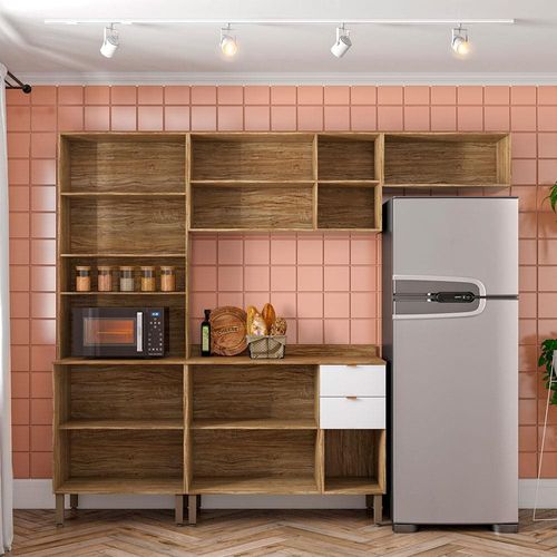 Cozinha Completa Bartira Joy com 11 Portas, 2 Gavetas, 5 Prateleiras e Nicho para Micro-ondas - 244,5cm de largura Damasco/Branco