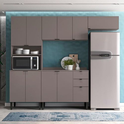 Cozinha Completa Bartira Joy com 11 Portas, 2 Gavetas, 5 Prateleiras e Nicho para Micro-ondas - 244,5cm de largura Grafite