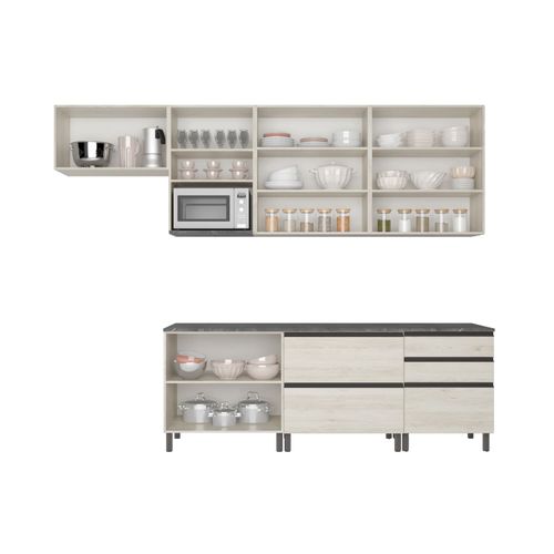 Cozinha Bartira Cristal com 10 Portas, 3 Gavetas, 5 Prateleiras e Nicho para Micro-ondas - 240cm de largura - Freixo/Azul
