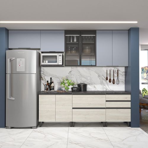 Cozinha Bartira Cristal com 10 Portas, 3 Gavetas, 5 Prateleiras e Nicho para Micro-ondas - 240cm de largura - Freixo/Azul