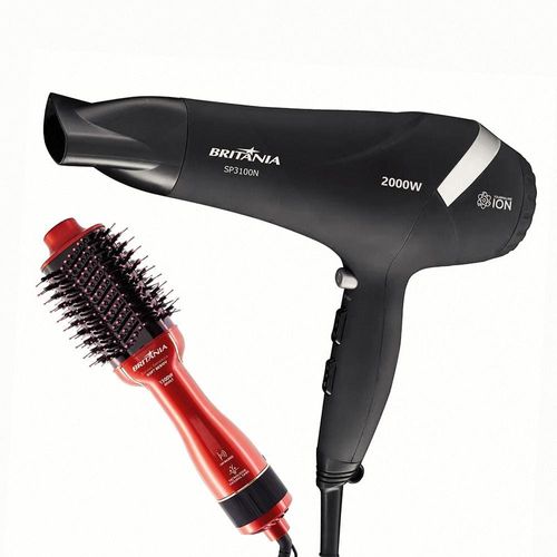 Escova Secadora Britânia Soft BES12 Luz Infrared 1300W - Vermelha/Preta + Secador de Cabelos Britânia SP3100 2000W - Preto 220V