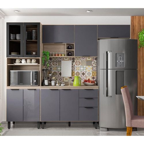Cozinha Completa Demóbile Firenze com 10 Portas, 2 Gavetas e 7 Prateleiras - 259,5cm de largura Avena/Grafito