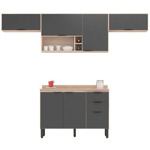 Cozinha Completa Demóbile Firenze com 6 Portas, 2 Gavetas e 3 Prateleiras e Nicho - 259,5cm de largura Avena/Grafite