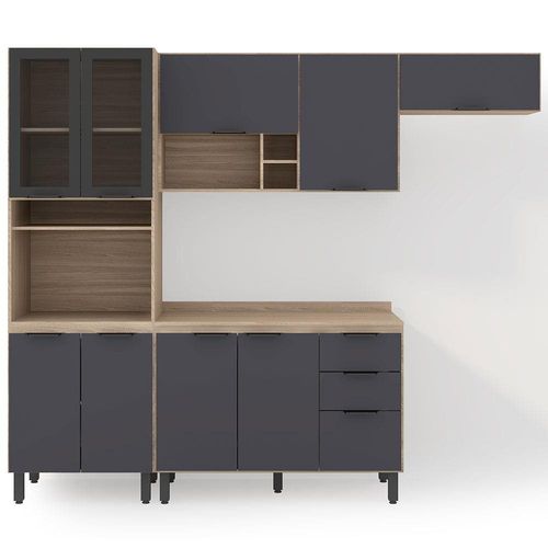 Cozinha Completa Demóbile Firenze com 10 Portas, 2 Gavetas e 7 Prateleiras - 259,5cm de largura Avena/Grafito