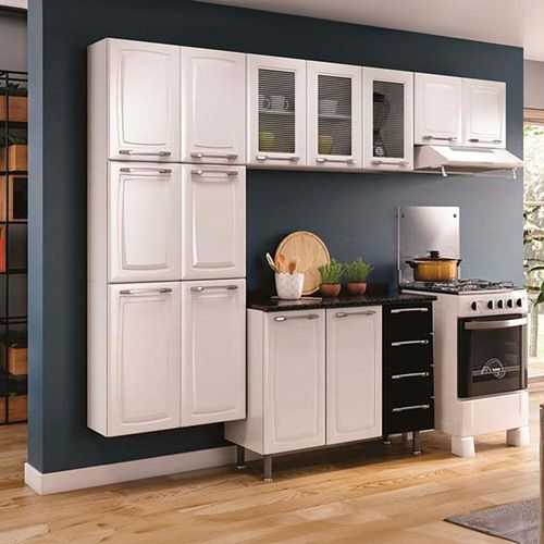 Cozinha Completa Itatiaia Diamante com 13 Portas e 4 Gavetas - 245cm de largura Branco/Preto