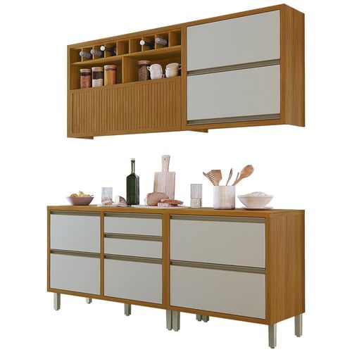Cozinha Completa em MDF Nesher Baronesa com 5 Portas 5 Gavetas e 8 Prateleiras - Freijo/Off White 270 cm