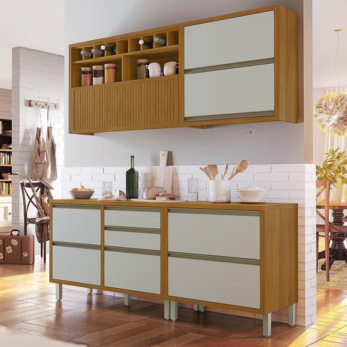 Cozinha Completa em MDF Nesher Baronesa com 5 Portas 5 Gavetas e 8 Prateleiras - Freijo/Off White 270 cm