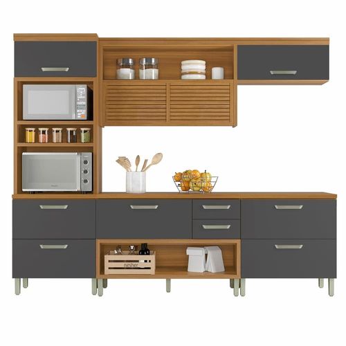 Cozinha Completa em MDF Nesher Princesa com 6 Portas 4 Gavetas e 12 Prateleiras - Freijo/Grafite 270cm