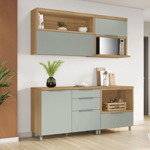 Cozinha Completa Nesher Marquesa em MDF com 3 Portas, 3 Gavetas, 3 Prateleiras - 190cm Verde