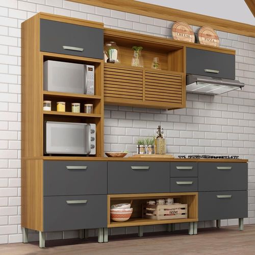 Cozinha Completa em MDF Nesher Princesa com 6 Portas 4 Gavetas e 12 Prateleiras - Freijo/Grafite 270cm