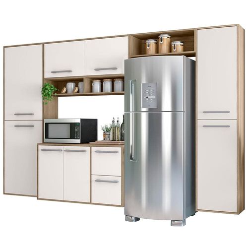 Cozinha Completa Poliman Pequim com 9 Portas, 1 Gaveta e 6 Prateleiras - 235cm de largura - Carvalho Oak/Off White