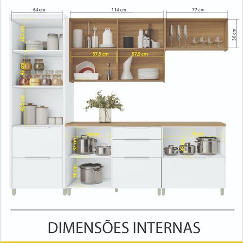 Cozinha Completa em MDF Nesher Paris Ripada com 270 cm de Largura, 7 Portas, 6 Gavetas e 11 Prateleiras - Branco/Nature